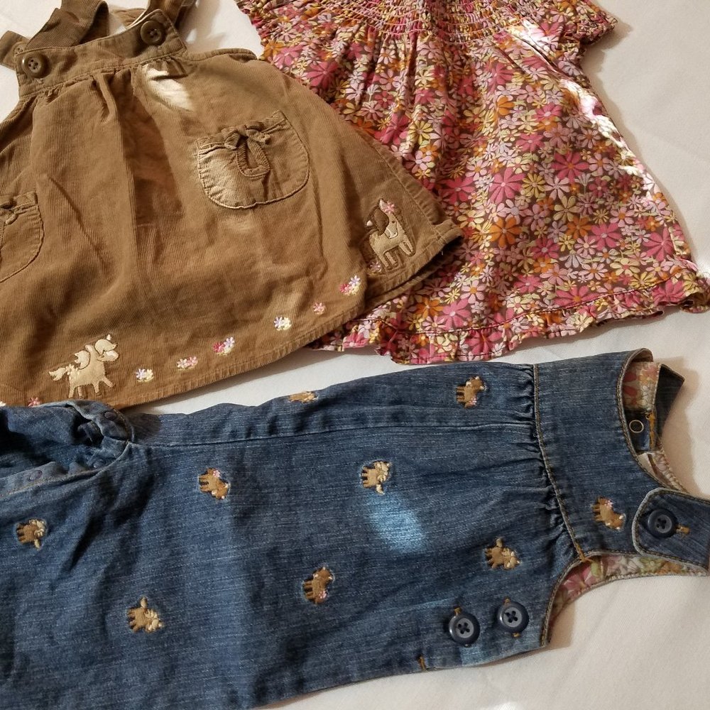 Gymboree Pony Ranch 0-3 month VGUC print dress & denim one-piece, GUC corduroy